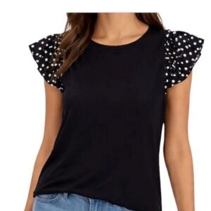 kate spade Black Top with White Polka Dot Flutter Sleeves
